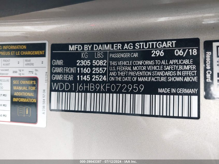 2019 Mercedes-Benz E 450 VIN: WDD1J6HB9KF072959 Lot: 39843387