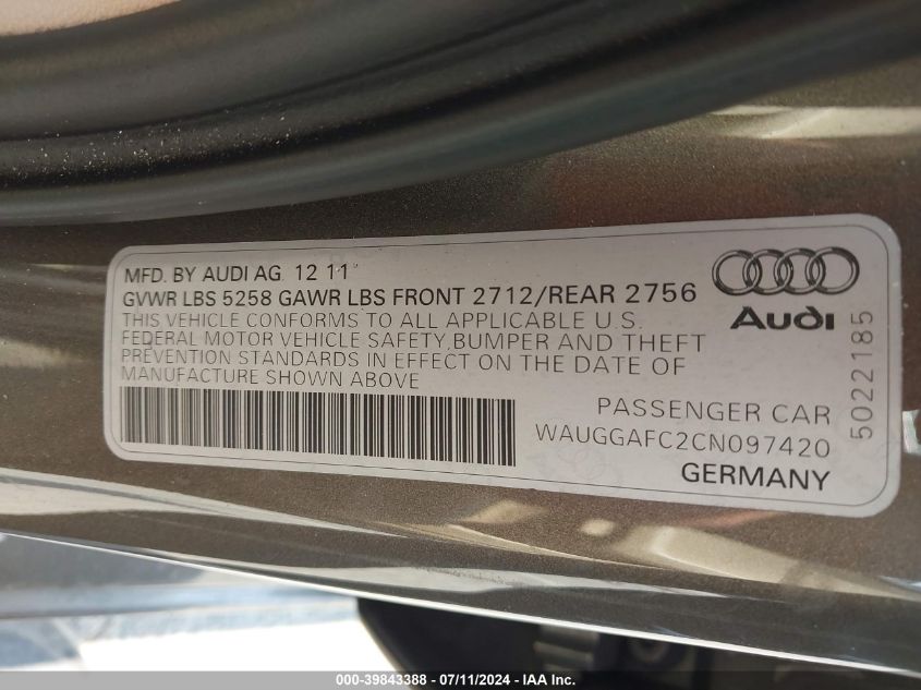 2012 Audi A6 3.0 Premium VIN: WAUGGAFC2CN097420 Lot: 39843388