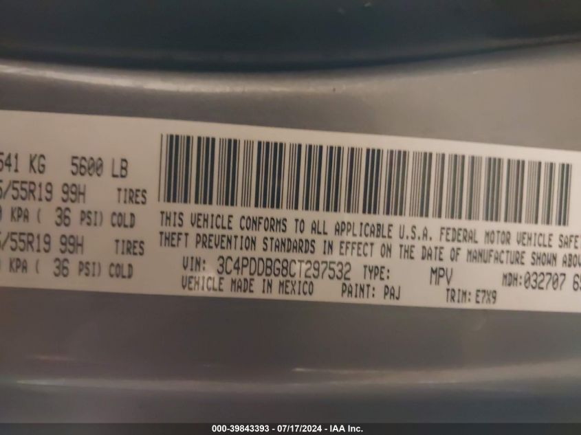 2012 Dodge Journey Sxt VIN: 3C4PDDBG8CT297532 Lot: 39843393