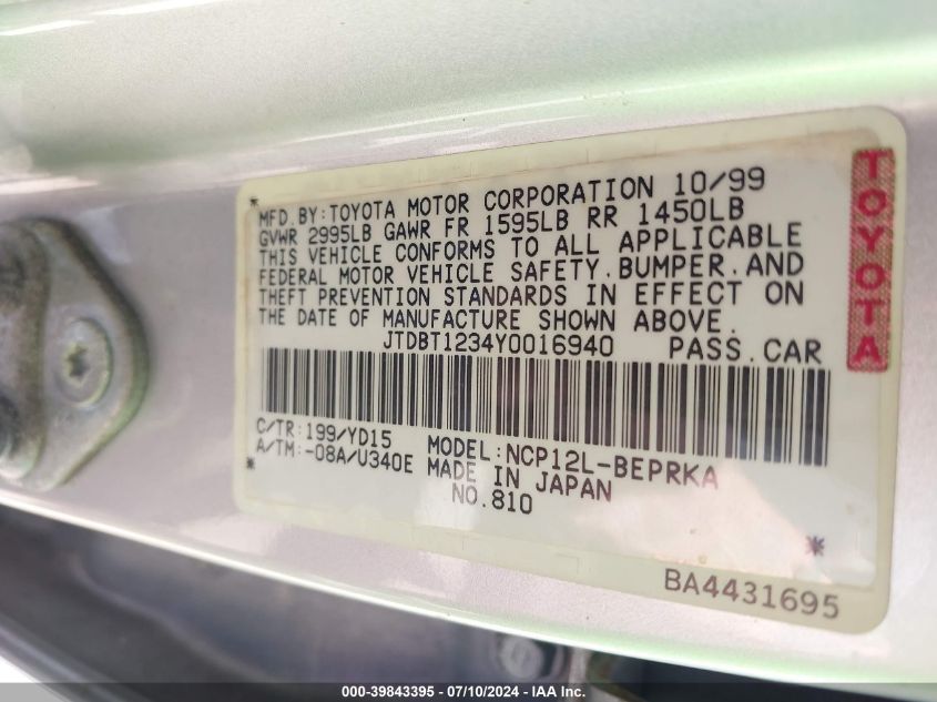 2000 Toyota Echo VIN: JTDBT1234Y0016940 Lot: 39843395