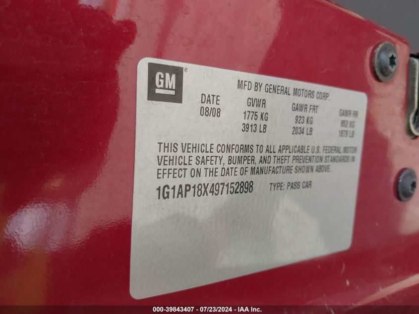 2009 Chevrolet Cobalt Ss VIN: 1G1AP18X497152898 Lot: 39843407