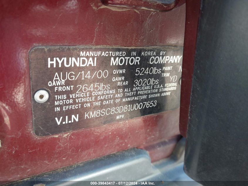 2001 Hyundai Santa Fe 2.7L V6 Gls/2.7L V6 Lx VIN: KM8SC83D81U007653 Lot: 39843417