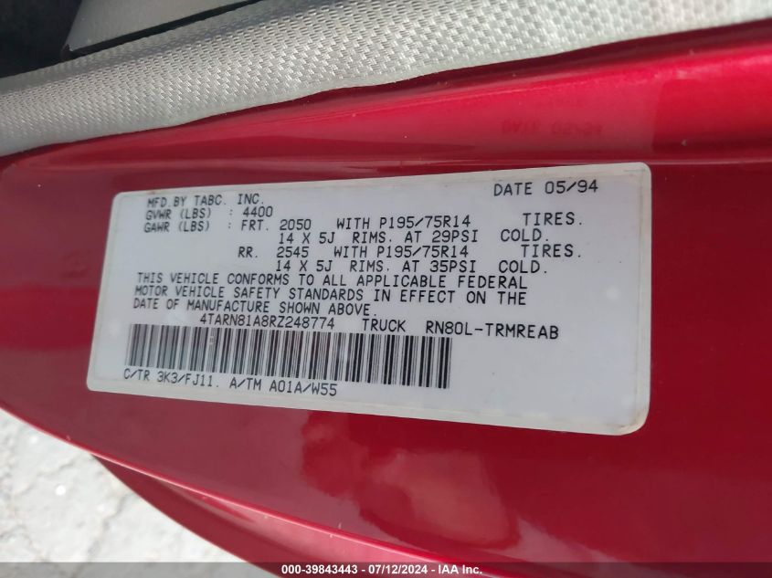 1994 Toyota Pickup 1/2 Ton Short Whlbase Stb VIN: 4TARN81A8RZ248774 Lot: 39843443