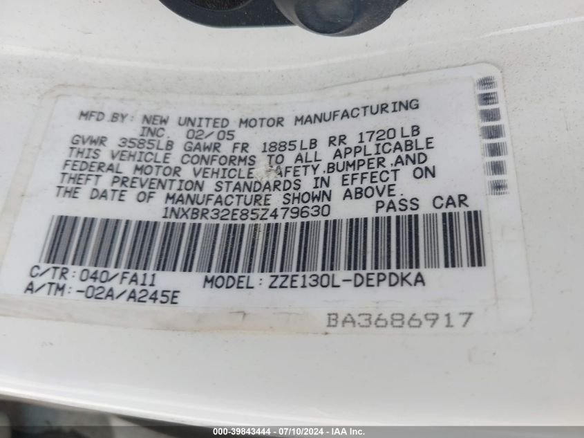 2005 Toyota Corolla Ce/Le/S VIN: 1NXBR32E85Z479630 Lot: 39843444