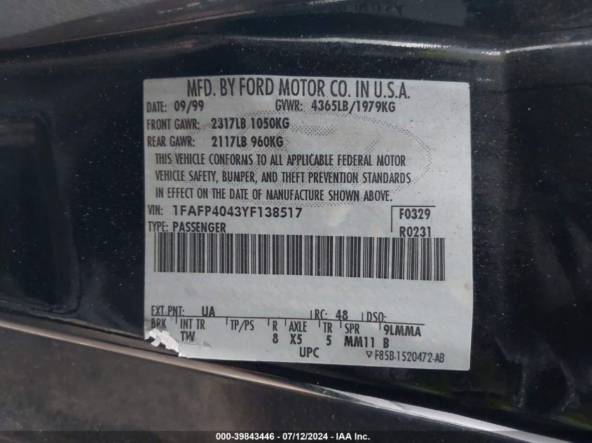 2000 Ford Mustang VIN: 1FAFP4043YF138517 Lot: 39843446