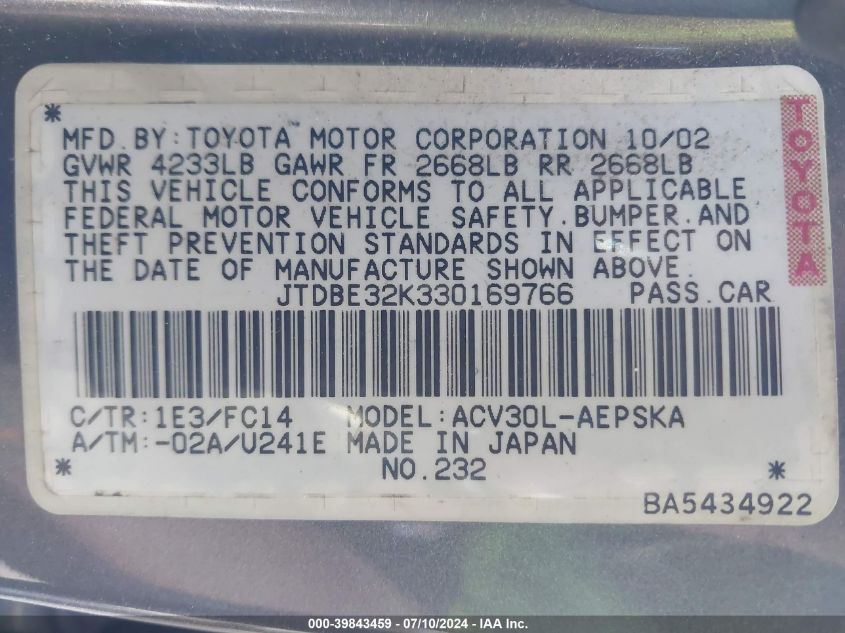 2003 Toyota Camry Se VIN: JTDBE32K330169766 Lot: 39843459