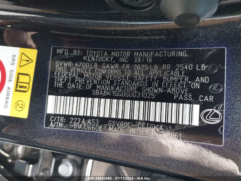 2016 Lexus Es 350 VIN: 58ABK1GG0GU031025 Lot: 39843460