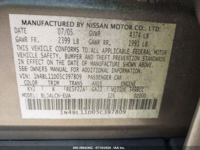 2005 Nissan Altima 3.5 Se VIN: 1N4BL11D05C397809 Lot: 39843462