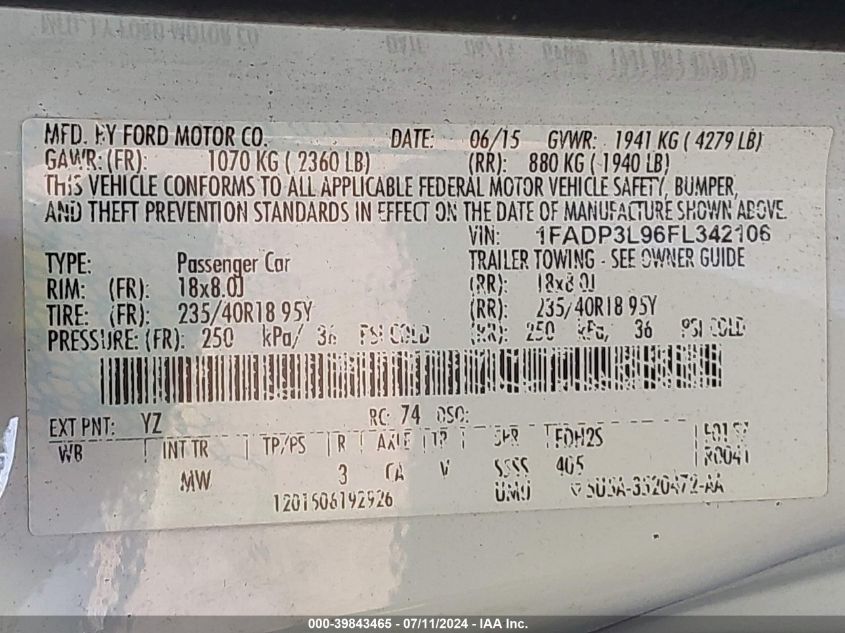 2015 Ford Focus St VIN: 1FADP3L96FL342106 Lot: 39843465