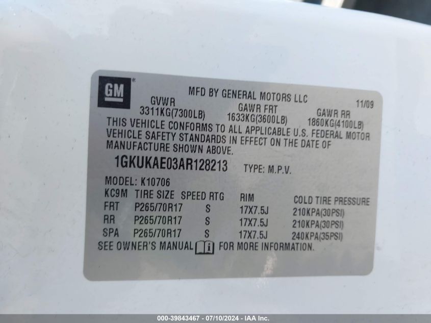 1GKUKAE03AR128213 2010 GMC Yukon Sle