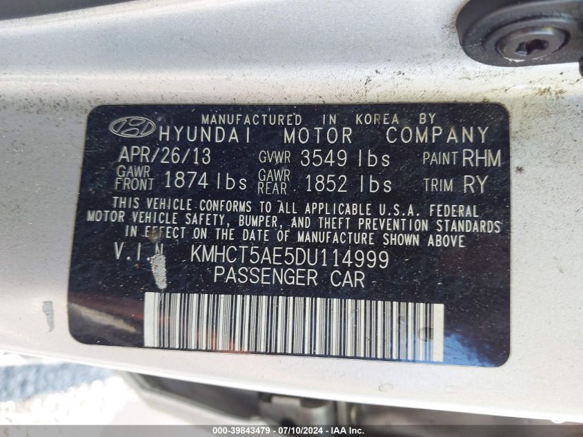 2016 Hyundai Accent Se VIN: KMHCT5AE5DU114999 Lot: 39843479