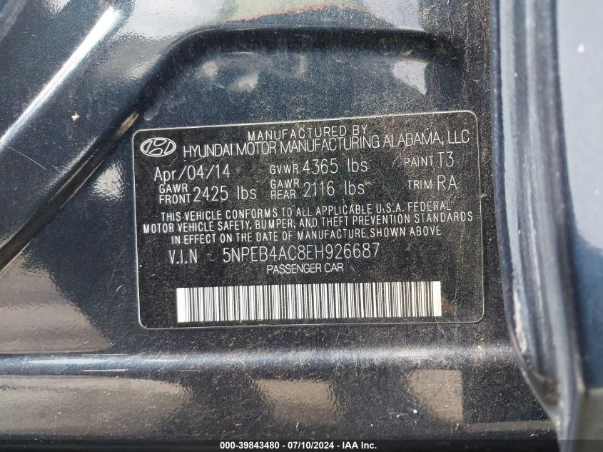 2014 HYUNDAI SONATA GLS - 5NPEB4AC8EH926687