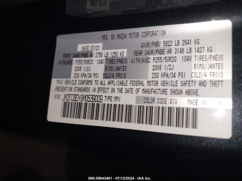 2021 MAZDA CX-9 GRAND TOURING - JM3TCBDY8M0539009