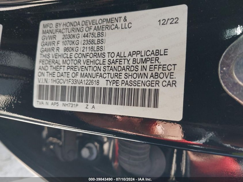 1HGCV1F33NA122618 2022 Honda Accord Sport