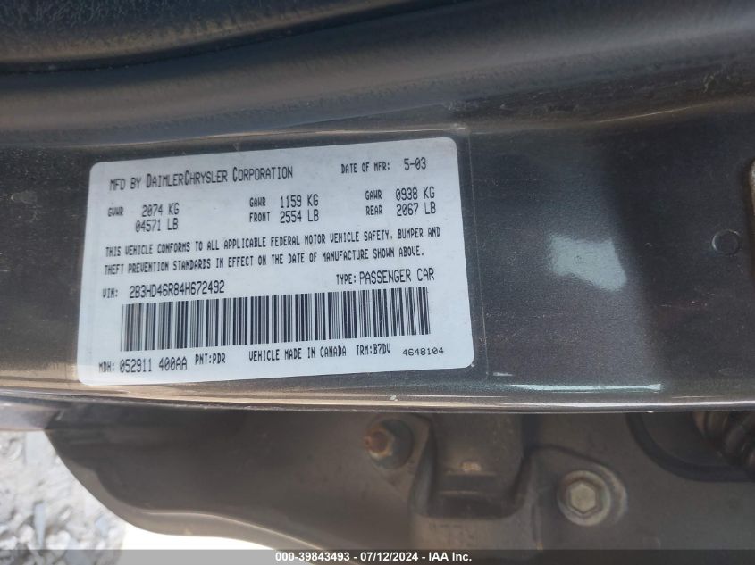 2004 Dodge Intrepid Se VIN: 2B3HD46R84H672492 Lot: 39843493