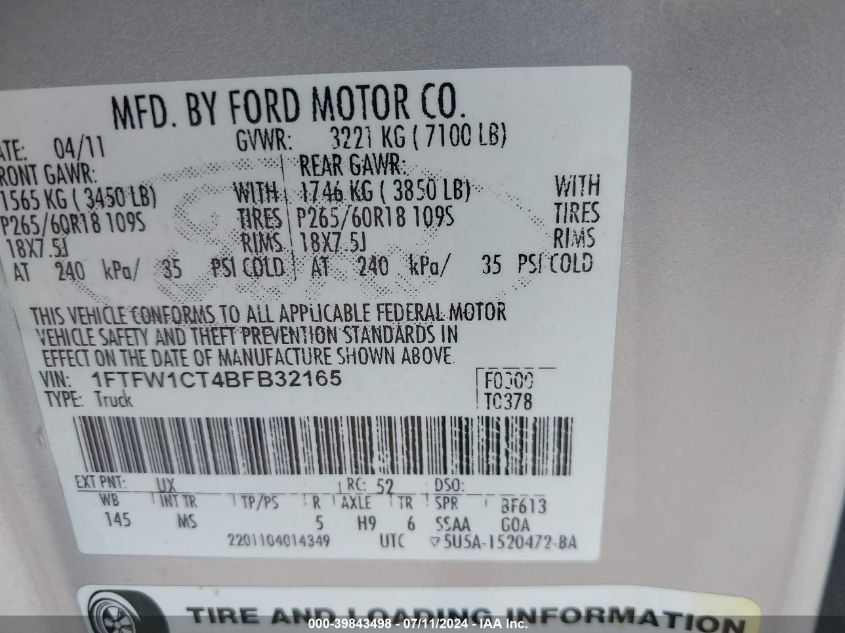 2011 Ford F-150 Xlt VIN: 1FTFW1CT4BFB32165 Lot: 39843498