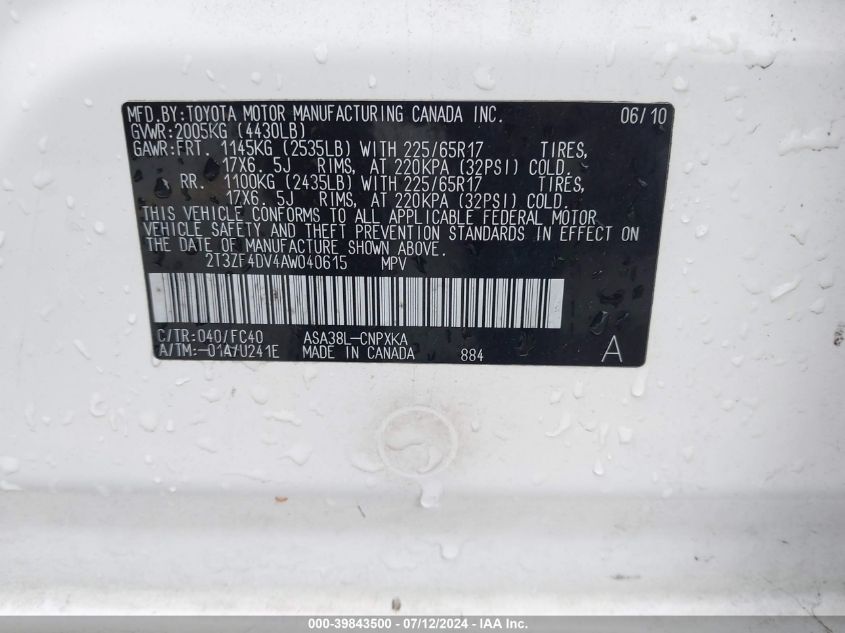 2010 Toyota Rav4 VIN: 2T3ZF4DV4AW040615 Lot: 39843500