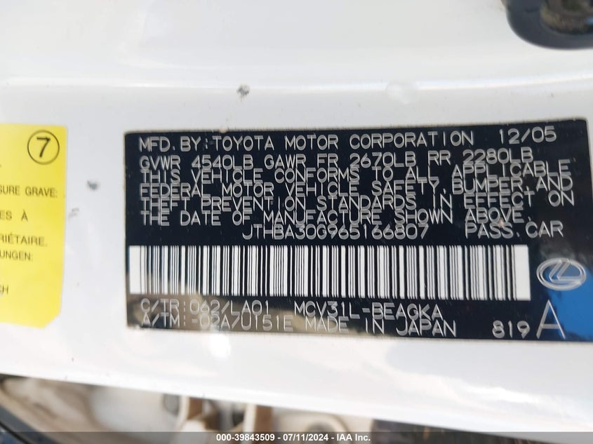 2006 Lexus Es 330 VIN: JTHBA30G965166807 Lot: 39843509