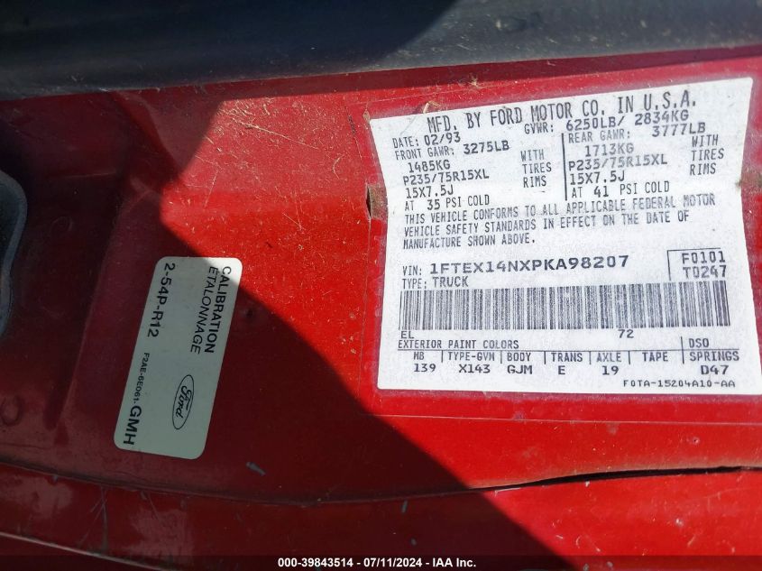 1993 Ford F150 VIN: 1FTEX14NXPKA98207 Lot: 39843514