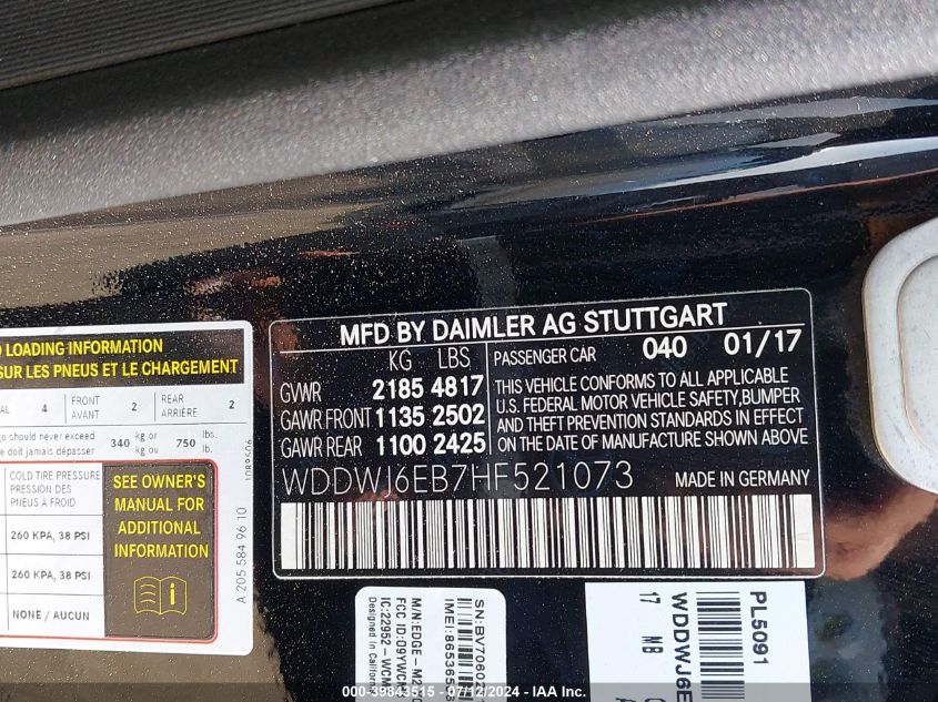 2017 Mercedes-Benz Amg C 43 4Matic VIN: WDDWJ6EB7HF521073 Lot: 39843515
