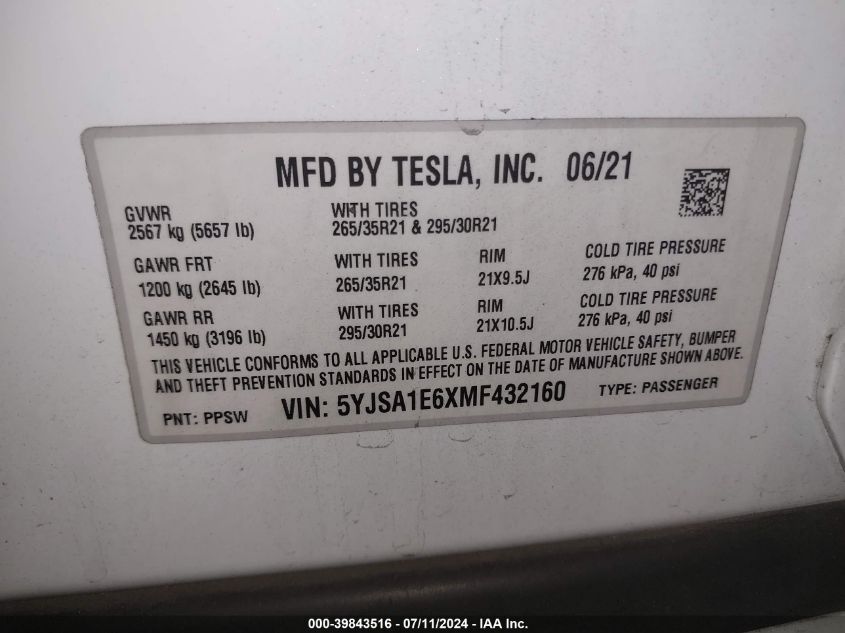 2021 Tesla Model S Plaid Tri Motor All-Wheel Drive VIN: 5YJSA1E6XMF432160 Lot: 39843516