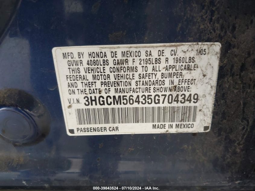 2005 Honda Accord 2.4 Lx VIN: 3HGCM56435G704349 Lot: 39843524
