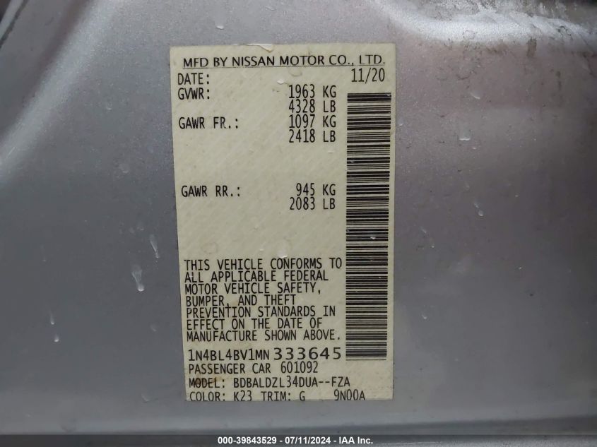 2021 Nissan Altima S Fwd VIN: 1N4BL4BV1MN333645 Lot: 39843529