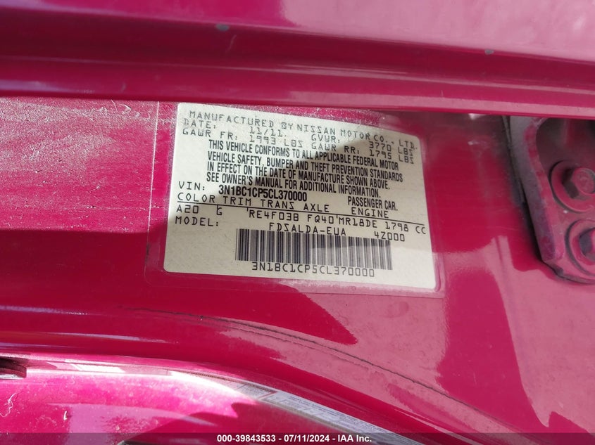 2012 Nissan Versa 1.8 S VIN: 3N1BC1CP5CL370000 Lot: 39843533