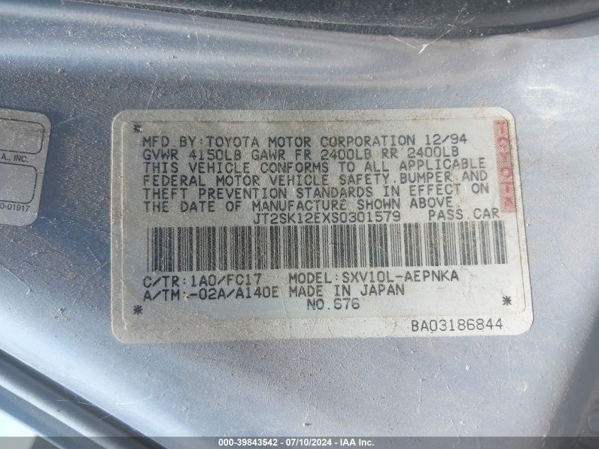 1995 Toyota Camry Le VIN: JT2SK12EXS0301579 Lot: 39843542