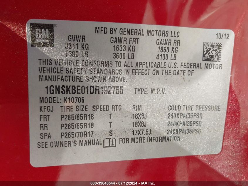 2013 Chevrolet Tahoe Lt VIN: 1GNSKBE01DR192755 Lot: 39843544