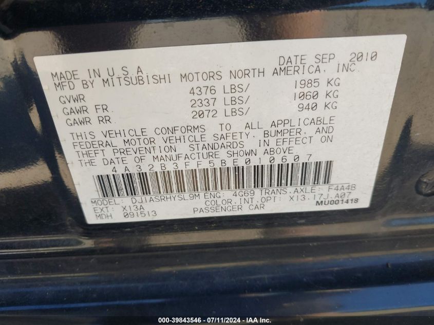 2011 Mitsubishi Galant Es/Se VIN: 4A32B3FF5BE010607 Lot: 39843546