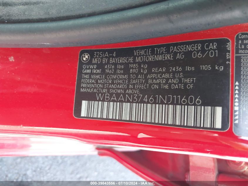 2001 BMW 325I VIN: WBAAN37461NJ11606 Lot: 39843556