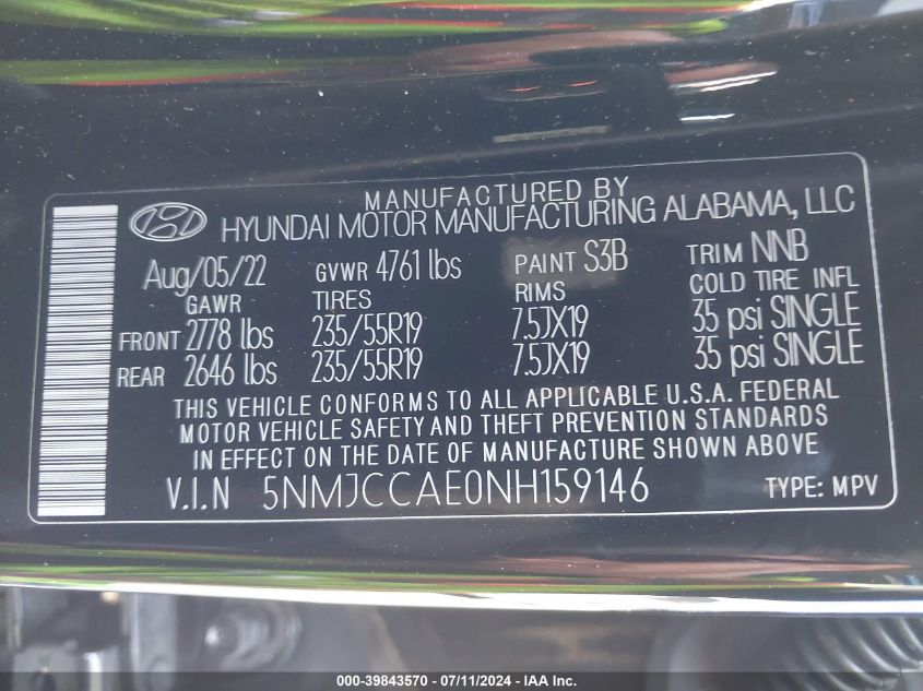 2022 Hyundai Tucson Sel VIN: 5NMJCCAE0NH159146 Lot: 39843570