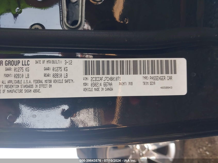 2012 Chrysler 300 Srt8 VIN: 2C3CCAFJ7CH801071 Lot: 39843576