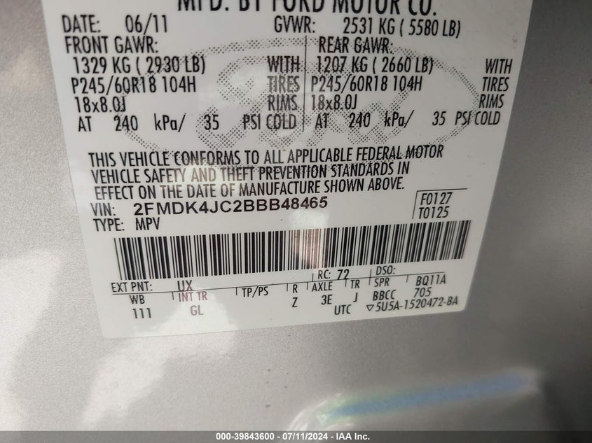 2011 Ford Edge Sel VIN: 2FMDK4JC2BBB48465 Lot: 39843600