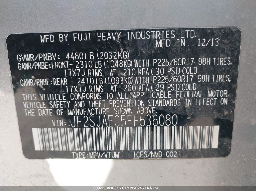 2014 Subaru Forester 2.5I Premium VIN: JF2SJAEC5EH536080 Lot: 39843601