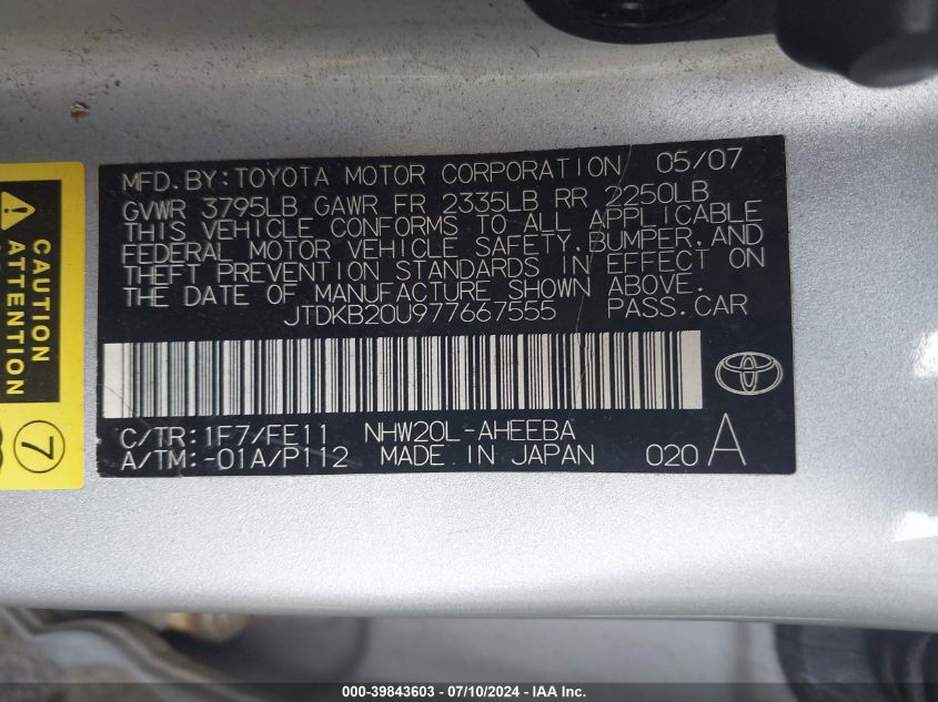 2007 Toyota Prius VIN: JTDKB20U977667555 Lot: 39843603