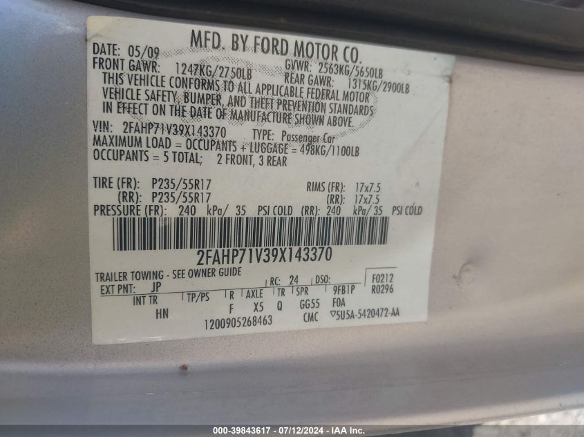 2009 Ford Crown Victoria Police/Police Interceptor VIN: 2FAHP71V39X143370 Lot: 39843617