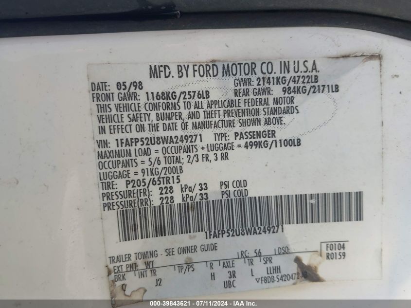 1998 Ford Taurus Lx/Se VIN: 1FAFP52U8WA249271 Lot: 39843621