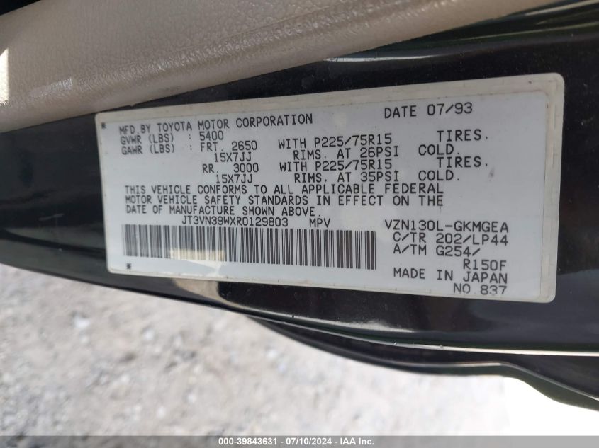 1994 Toyota 4Runner Vn39 Sr5 VIN: JT3VN39WXR0129803 Lot: 39843631
