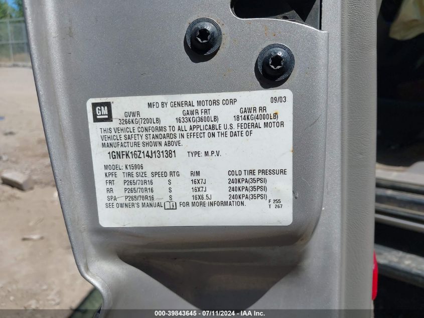 2004 Chevrolet Suburban 1500 Ls VIN: 1GNFK16Z14J131381 Lot: 39843645