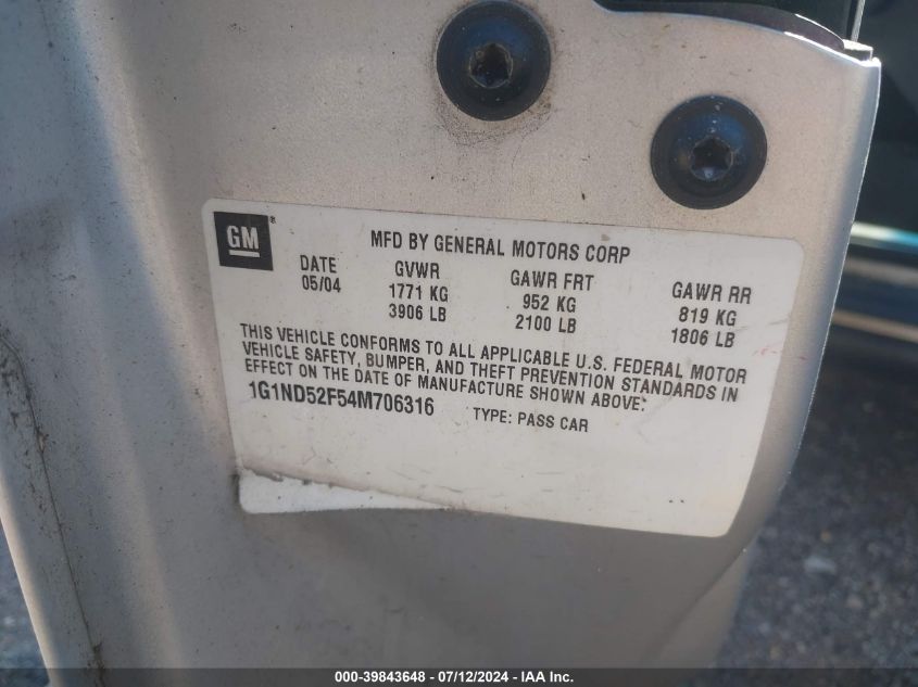 2004 Chevrolet Classic VIN: 1G1ND52F54M706316 Lot: 39843648