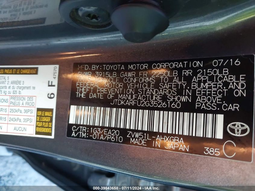 2016 Toyota Prius Four VIN: JTDKARFU2G3526160 Lot: 39843658