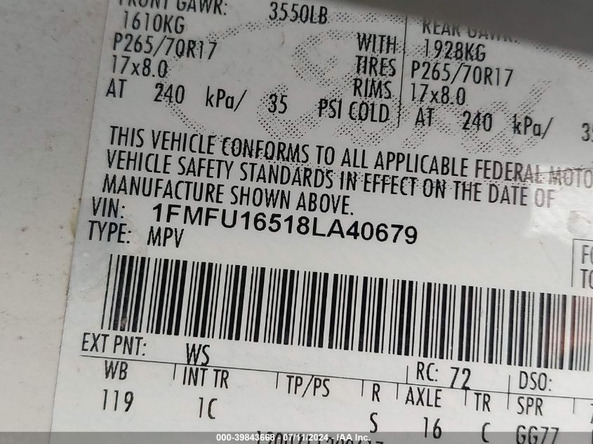 2008 Ford Expedition Xlt VIN: 1FMFU16518LA40679 Lot: 39843668