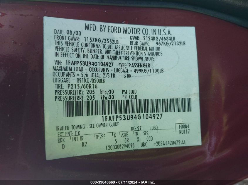 2004 Ford Taurus Se VIN: 1FAFP53U94G104927 Lot: 39843669