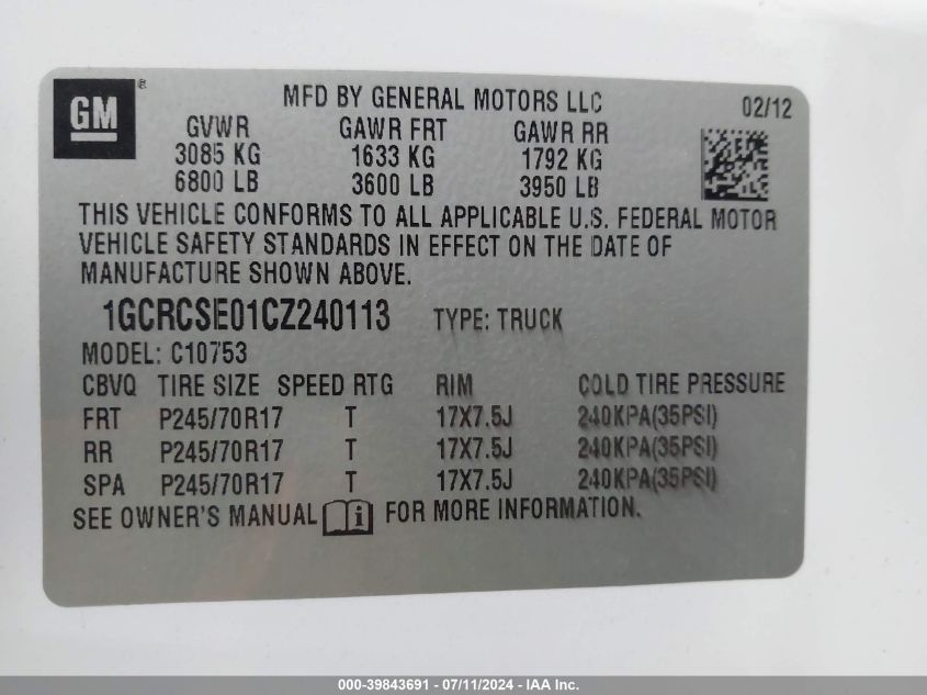 2012 Chevrolet Silverado 1500 Lt VIN: 1GCRCSE01CZ240113 Lot: 39843691