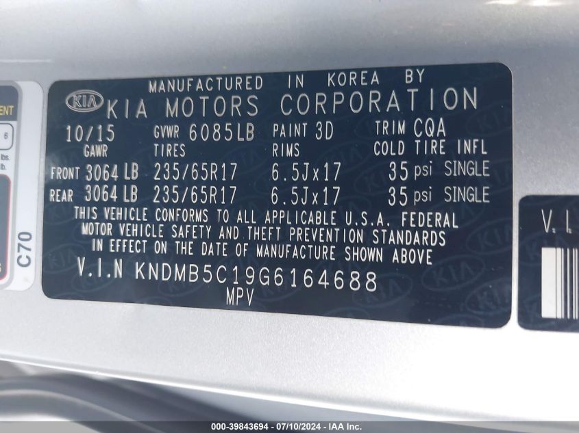 2016 Kia Sedona Lx VIN: KNDMB5C19G6164688 Lot: 39843694