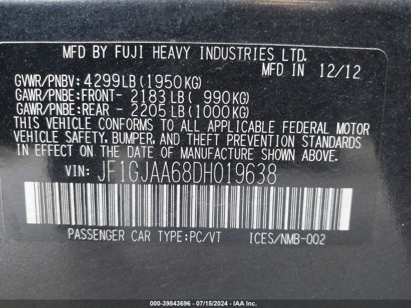 2013 Subaru Impreza 2.0I VIN: JF1GJAA68DH019638 Lot: 39843696