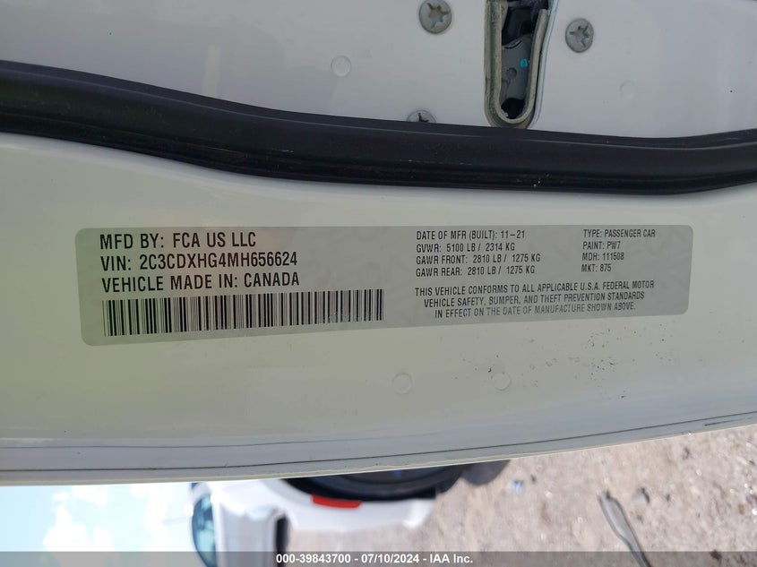 2021 Dodge Charger Gt Rwd VIN: 2C3CDXHG4MH656624 Lot: 39843700