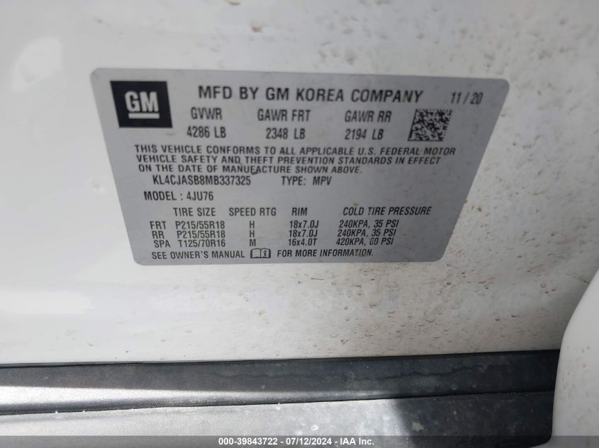 2021 Buick Encore Fwd Preferred VIN: KL4CJASB8MB337325 Lot: 39843722